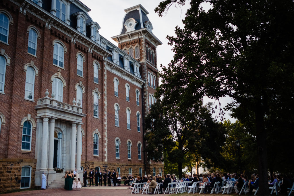 Fayetteville Arkansas Wedding - Old Main Lawn ceremony - wedding party and guest on the lawn