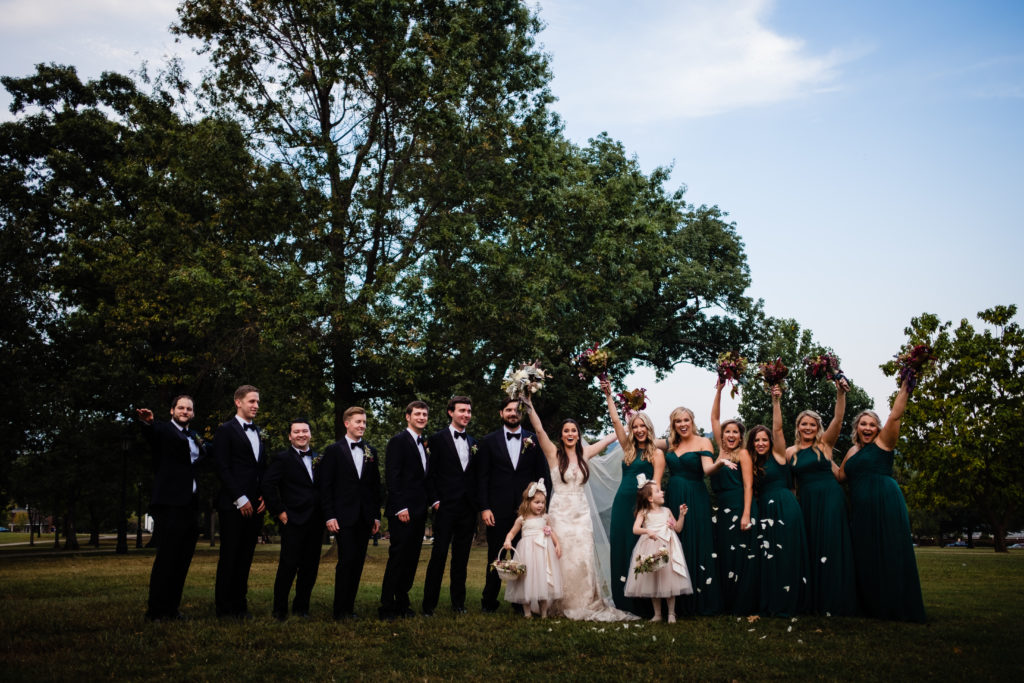 Fayetteville Arkansas Wedding - Old Main Lawn ceremony - bridal party laugh and celebrate