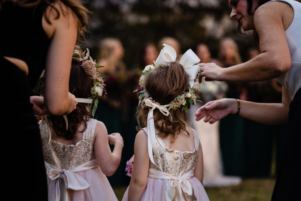 Fayetteville Arkansas Wedding - Old Main Lawn ceremony - flower girls prepare to walk