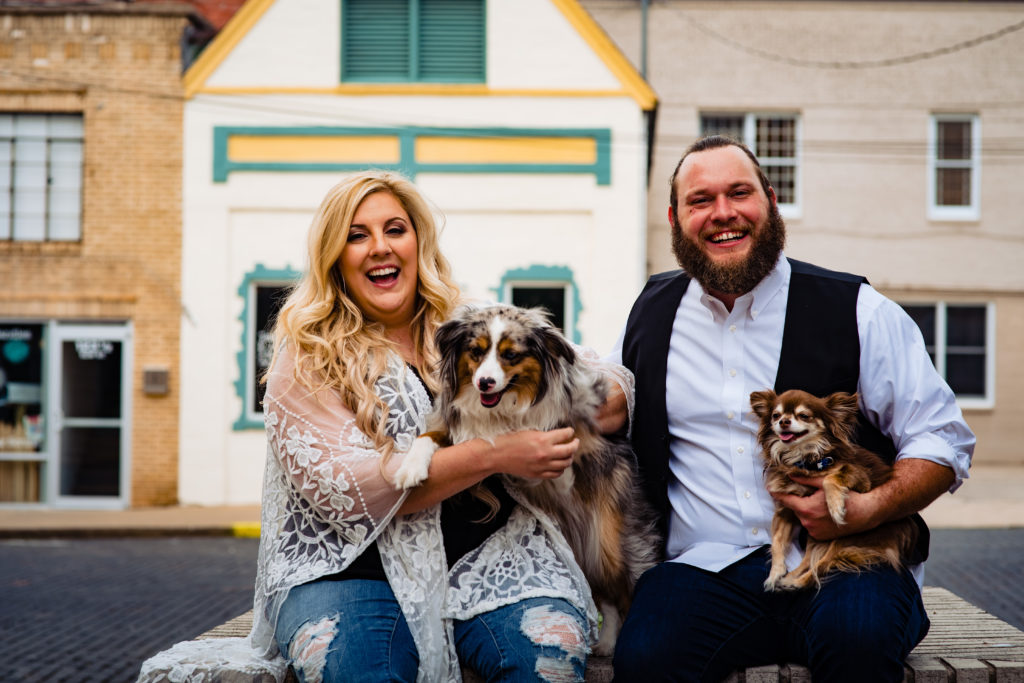 Northwest Arkansas Wedding Photography - Vinson Images - Downtown Rogers Engagement - couple with their fur babies