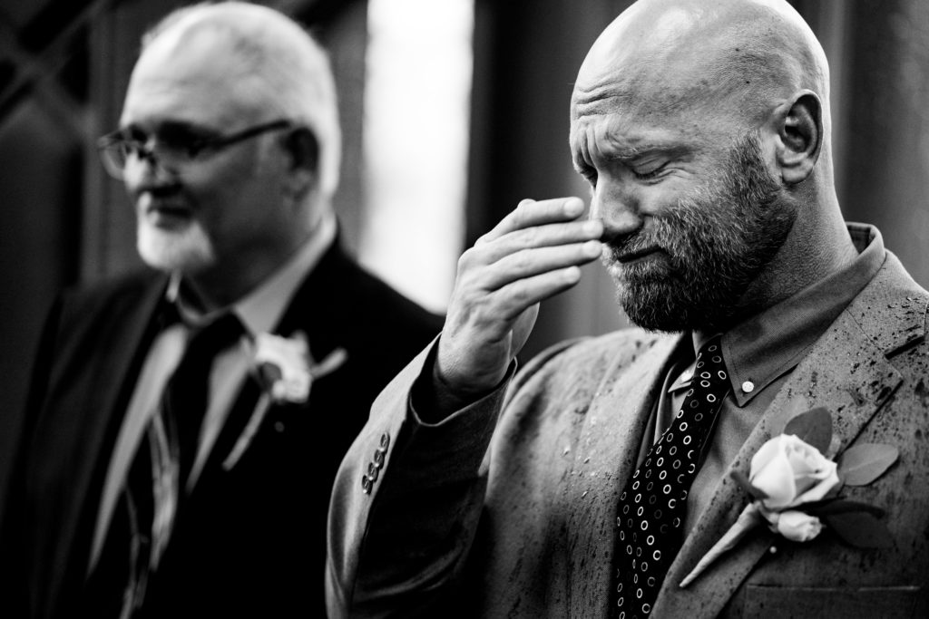 groom cries at Pratt Place Inn and Barn Wedding venue