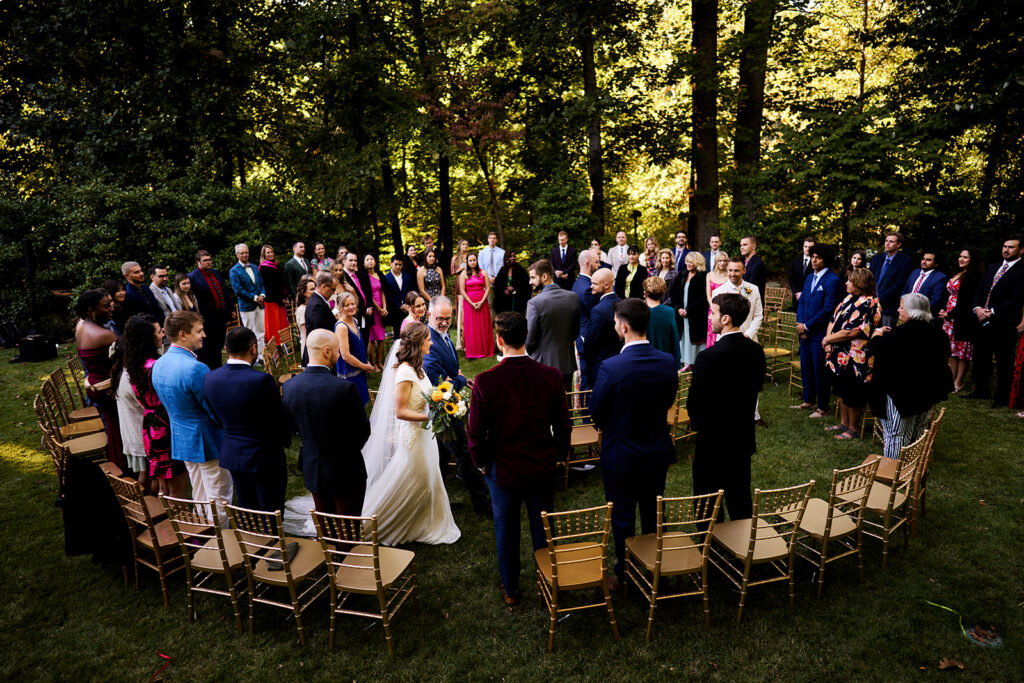 Wedding ceremony on the Frank Lloyd Wright Bachman-Wilson House lawn at Crystal Bridges